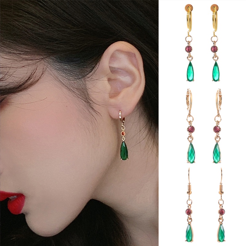 Bông Tai Đính Pha Lê Hình Giọt Nước Màu Xanh Lá Phong Cách Cổ Điển Thời Trang Cho Nữ