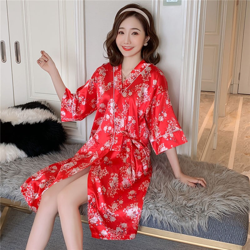 Pijama phong cách Hàn Quốc nữ mùa hè băng lụa sexy áo len mỏng cardigan ngủ dài giữa kéo sợi choàng tắm tại nhà