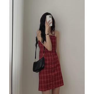 VÁY 2 DÂY THÔ THẮT NƠ LƯNG KẺ ĐỎ TRẮNG