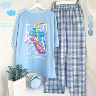 SET UNISEX - SET ÁO THUN TAY LỞ - QUẦN CARO ỐNG RỘNG - QUẦN CARO XANH DƯƠNG - PLAID PANTS