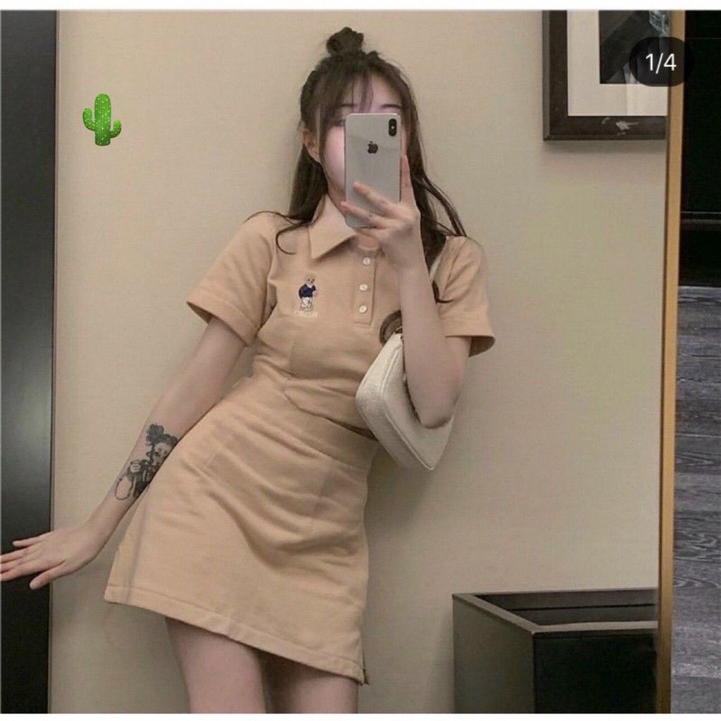 Sét bộ áo croptop cổ bẻ thêu logo gấu bên ngực phối chân váy chữ A cực xinh , chất thun bozip mềm mịn