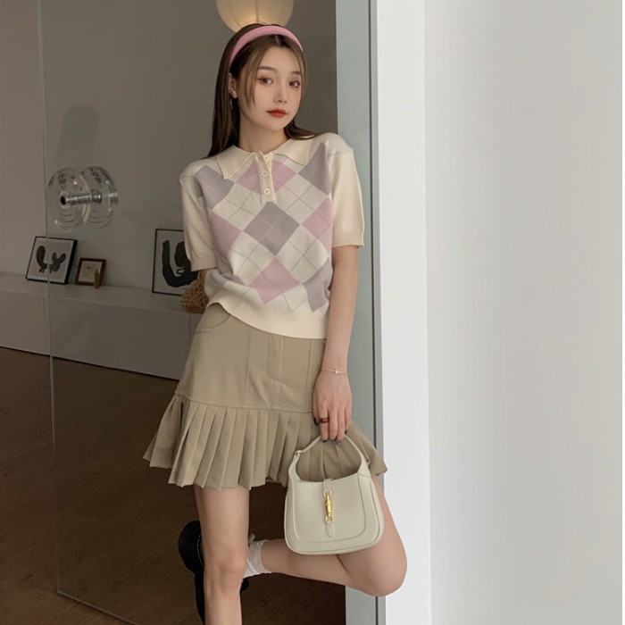 Áo kiểu dệt kim tay ngắn cổ polo họa tiết sọc ca rô phong cách Hàn Quốc thời trang dành cho nữ