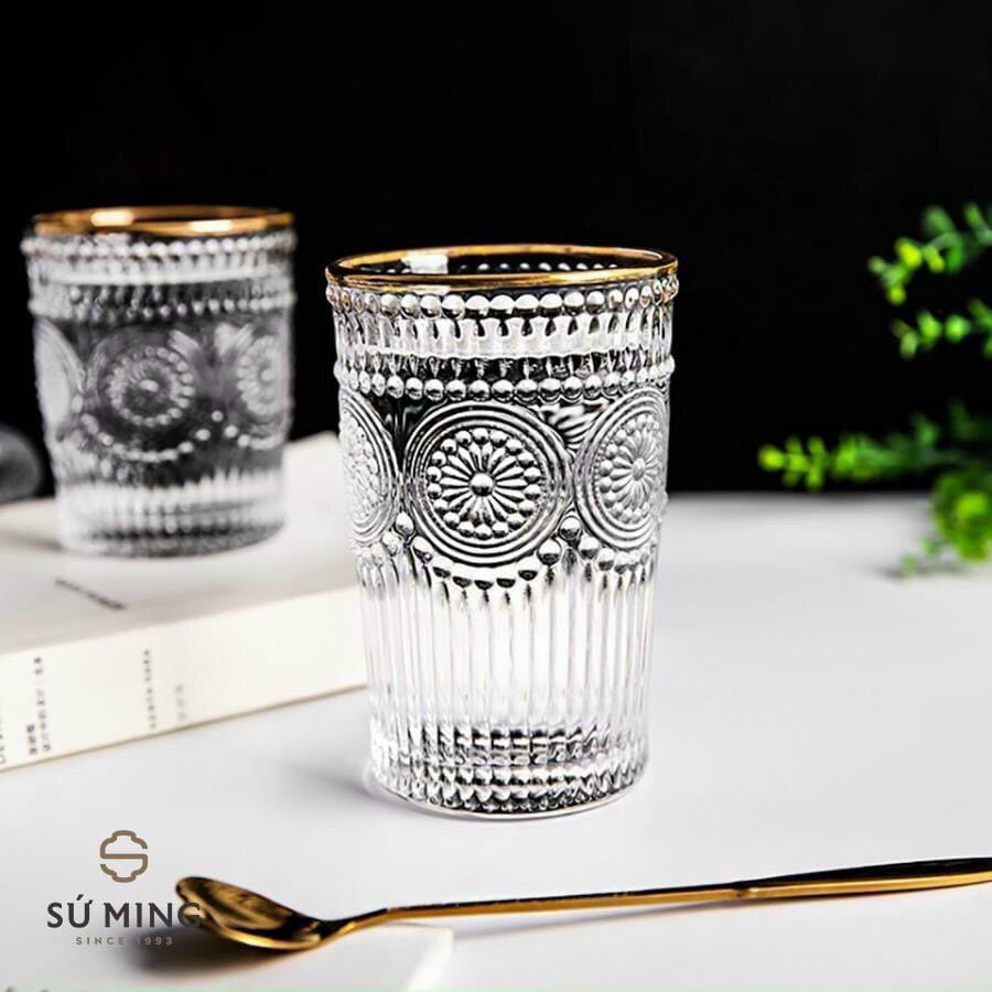 Bộ cốc Thủy Tinh RETRO mạ vàng chịu nhiệt cao cấp,họa tiết nổi,siêu sang kiểu dáng Bắc Âu