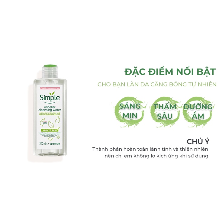 Nước tẩy trang cho da mụn da dầu không cồn dưỡng ẩm 3 in 1 200ml nước tẩy trang Simple NTT06