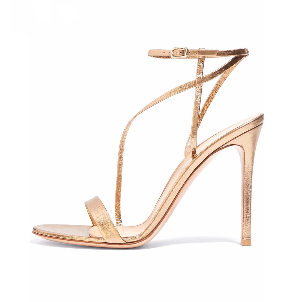 Giày Cao Gót Sandal Màu Gold Chéo Dây Hở Gót Da Nhũ, Giày Sandal Dây Mảnh Tôn Dáng Êm Ái Cho Nữ Dự Tiệc Cao 9-11 Phân