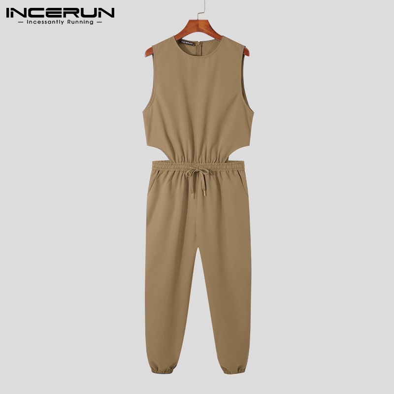 Bộ áo liền quần INCERUN không tay cổ tròn màu trơn thời trang mùa hè cho nam