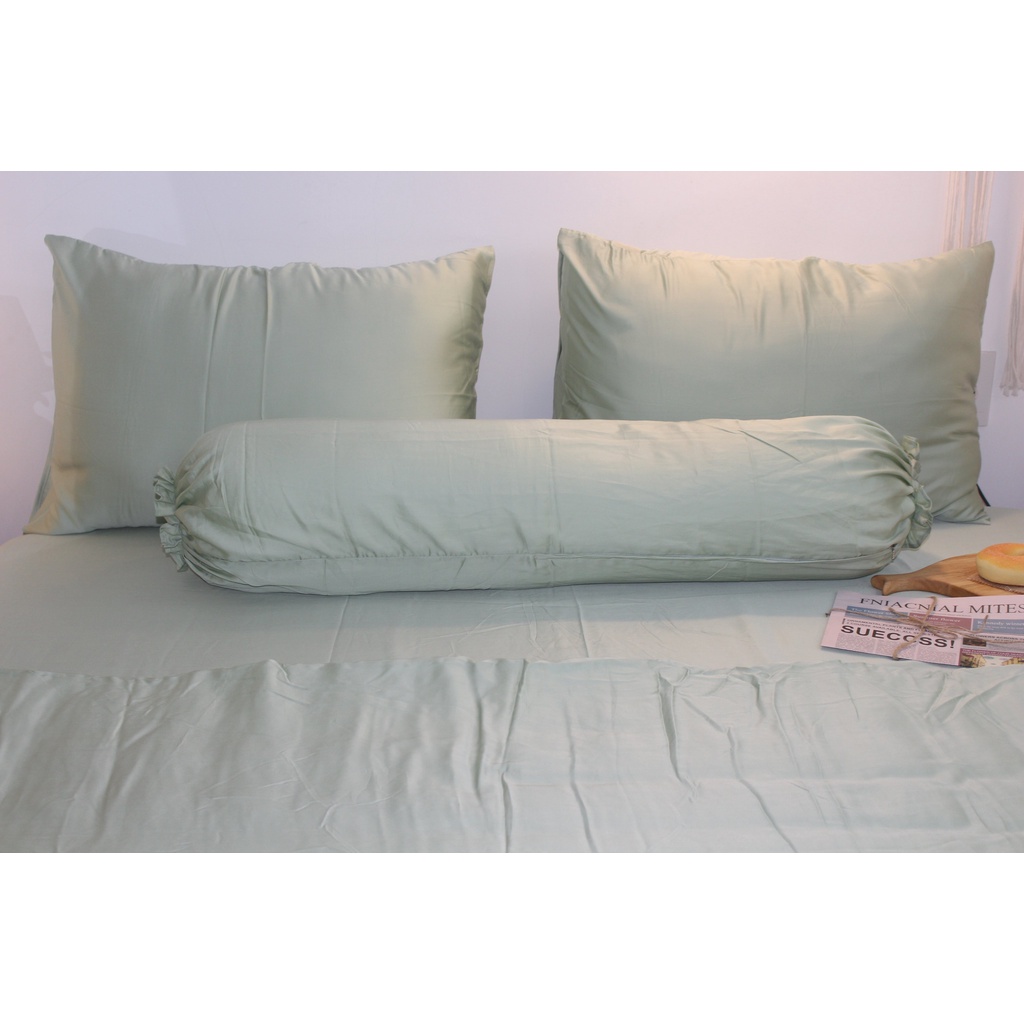 Bộ Chăn drap gối Tencel 60S màu trơn cao cấp mềm mại mịn màng vải nằm siêu mát- Mẫu XanhMatcha
