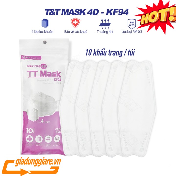 Túi 10 Khẩu trang 4D Mask T&amp;T (Tiêu chuẩn KF94 -Công nghệ Hàn Quốc) Hàng cao cấp an toàn và thời trang - giadunggiare.vn