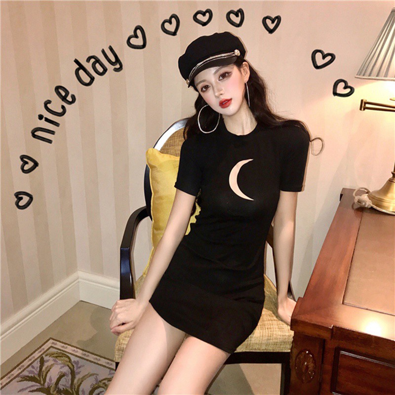 Đầm body nữ tay ngắn in hình mặt trăng thời trang