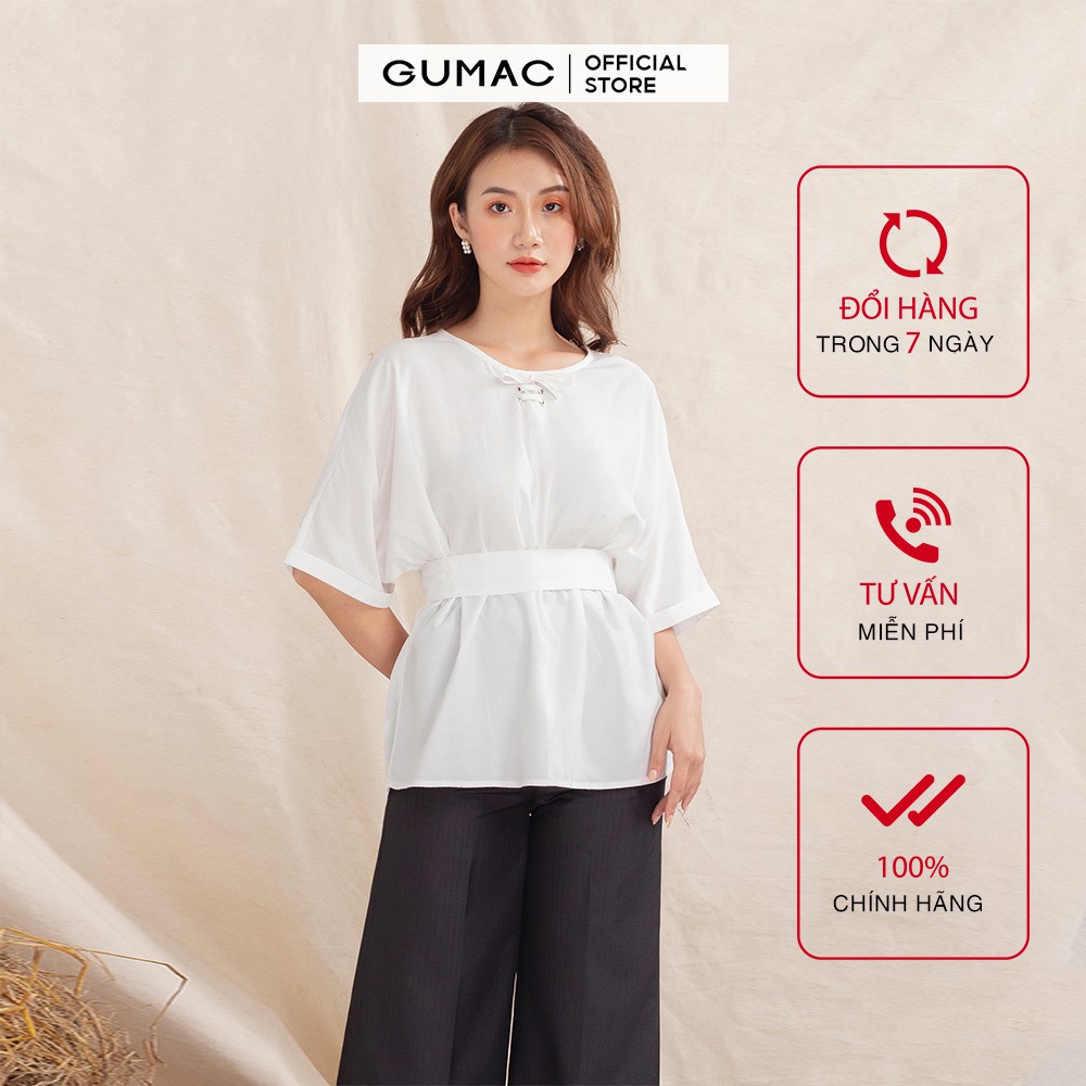 Áo sơ mi nữ cột nơ đai eo GUMAC màu trắng freesize, thanh lịch AA1014