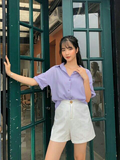 Áo sơ mi đũi lụa cộc tay kiểu dáng vintage màu pastel