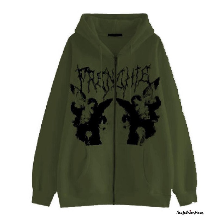 Tw Áo Khoác Tay Dài Dáng Rộng Có Dây Kéo Và Túi Phong Cách punk gothic Đường Phố Kích Thước Lớn Y2K Cho Nữ