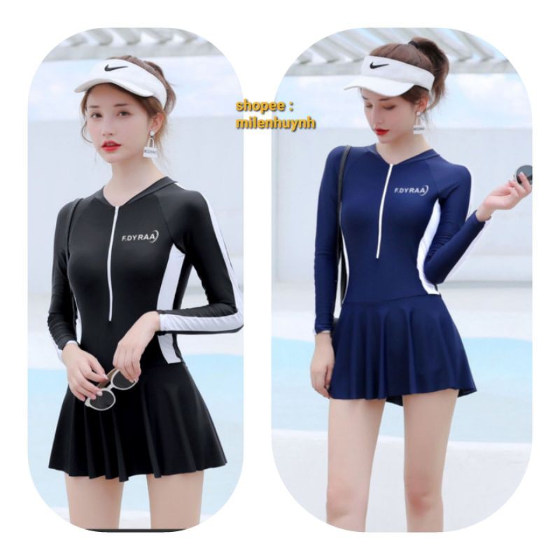 Đồ bơi dài tay kiểu váy cho nữ ,trẻ lớn, có mút, lót đùi liền váy bên trong kín đáo tiện lợi đi biển, đi bơi. | BigBuy360 - bigbuy360.vn