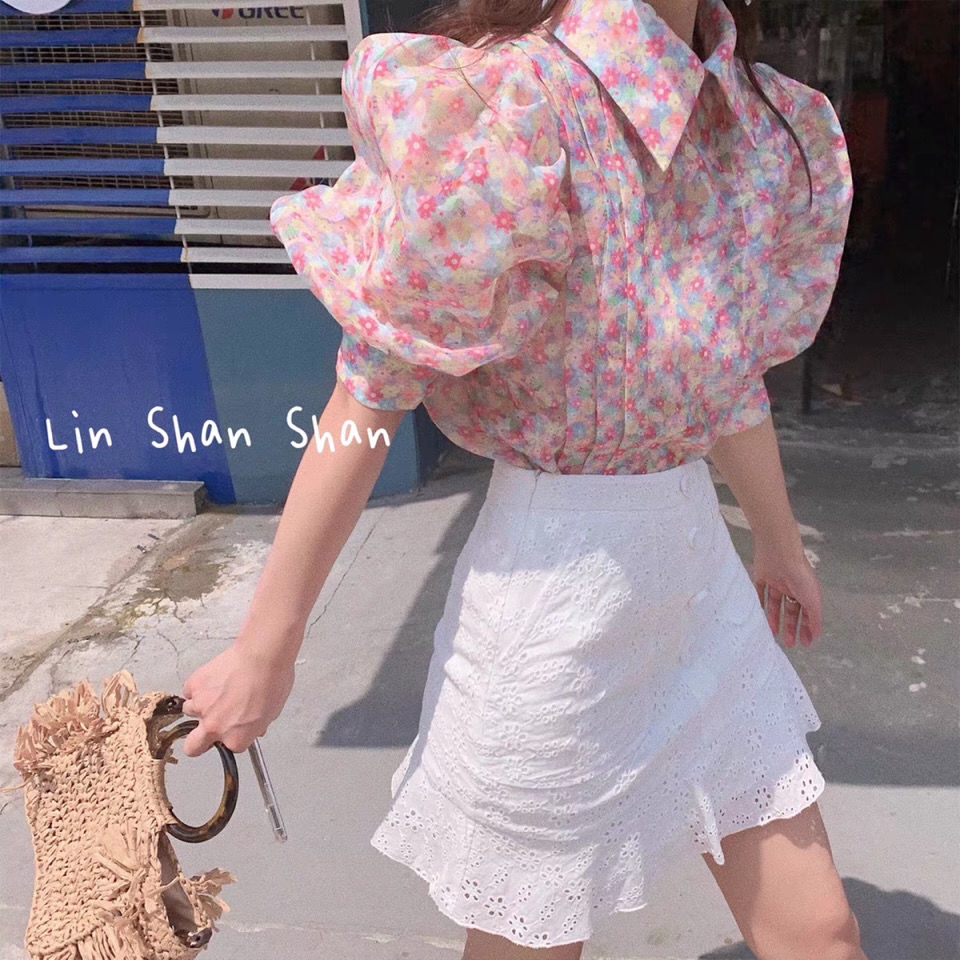 Set Áo Tay Phồng Thêu Họa Tiết Hoa + Chân Váy Xẻ Tà Phong Cách Pháp Thời Trang Cho Nữ