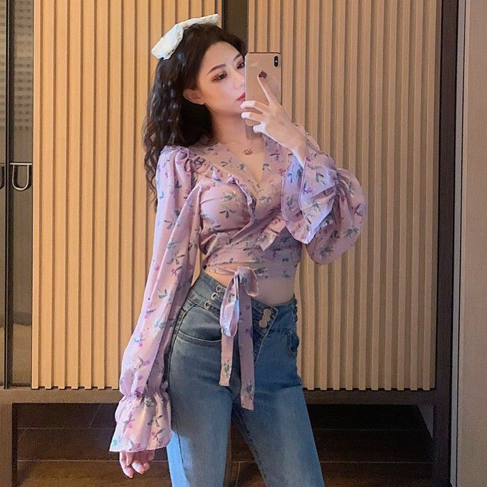 (ORDER) Áo kiểu nữ voan dài tay màu tím họa tiết hoa lá cổ V buộc nơ eo style Hong Kong (NEW STYLE 2020) - Có ảnh thật