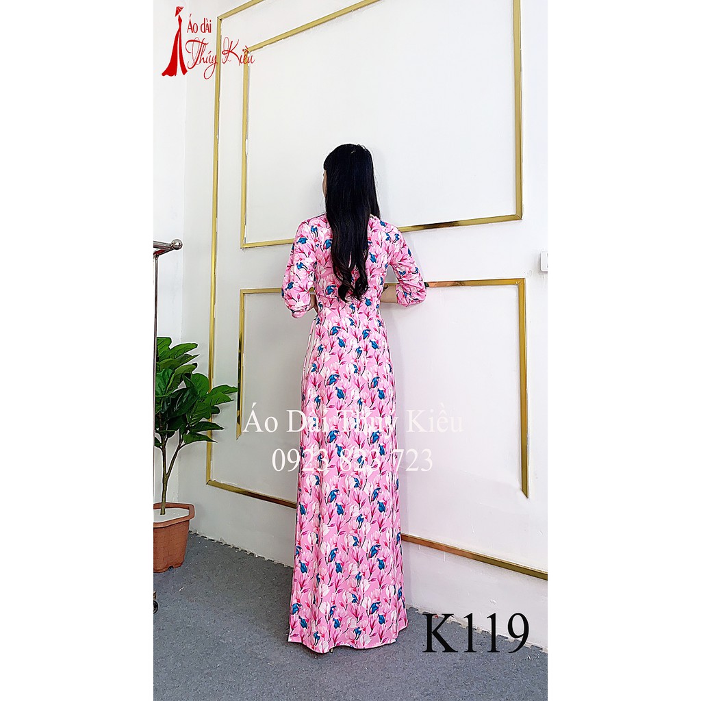 Áo dài nữ may sẵn thiết kế đẹp cách tân tết nền hồng hoa nhí K119 Thúy Kiều mềm mại, co giãn, áo dài giá rẻ