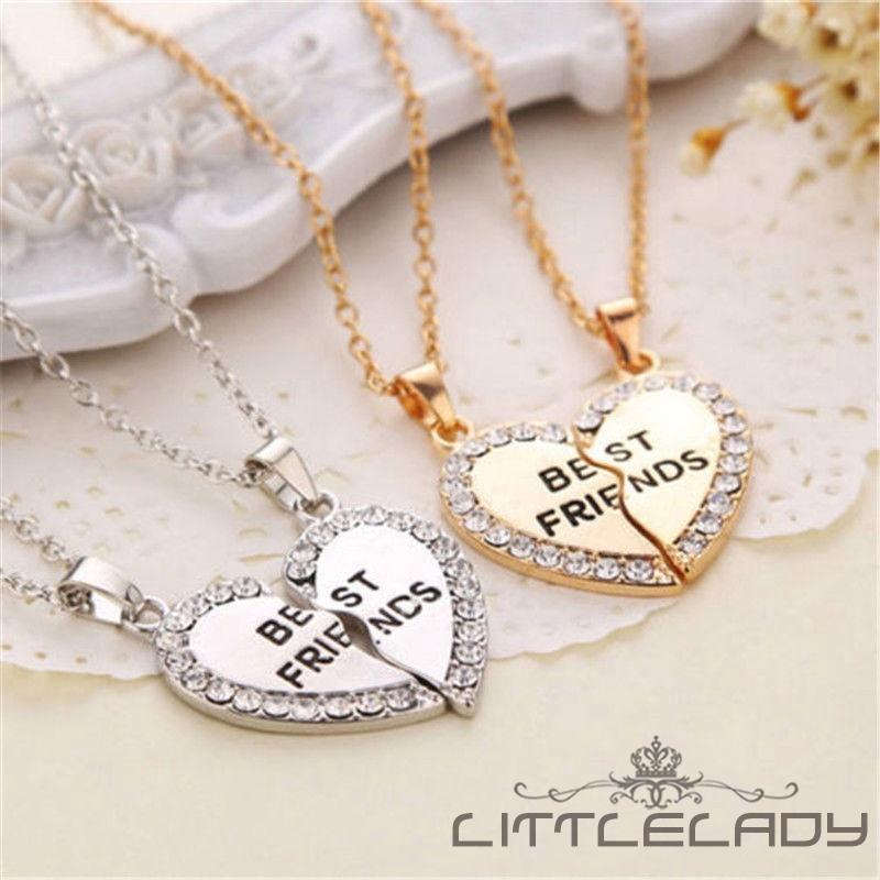 ☛☏❤Người Bạn Thân Nhất Trái Tim Kim Cương Giả Vàng Bạc 2 Mặt Dây Chuyền Vòng Cổ Bff