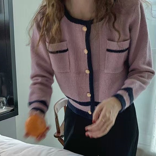 SUXI Áo khoác cardigan dệt kim tay dài dáng rộng cổ tròn màu sắc tương phản phong cách Hàn Quốc thời trang cho nữ