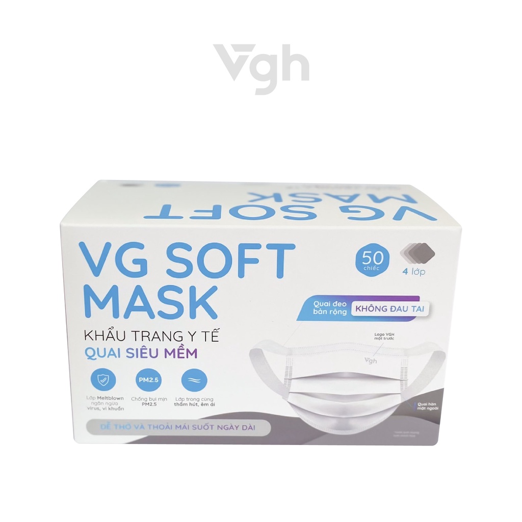 Khẩu trang quai siêu mềm VG Soft Mask lọc khuẩn 95%, dễ thở, không đau tai - Chính hãng VG Healthcare - Hộp 50 chiếc