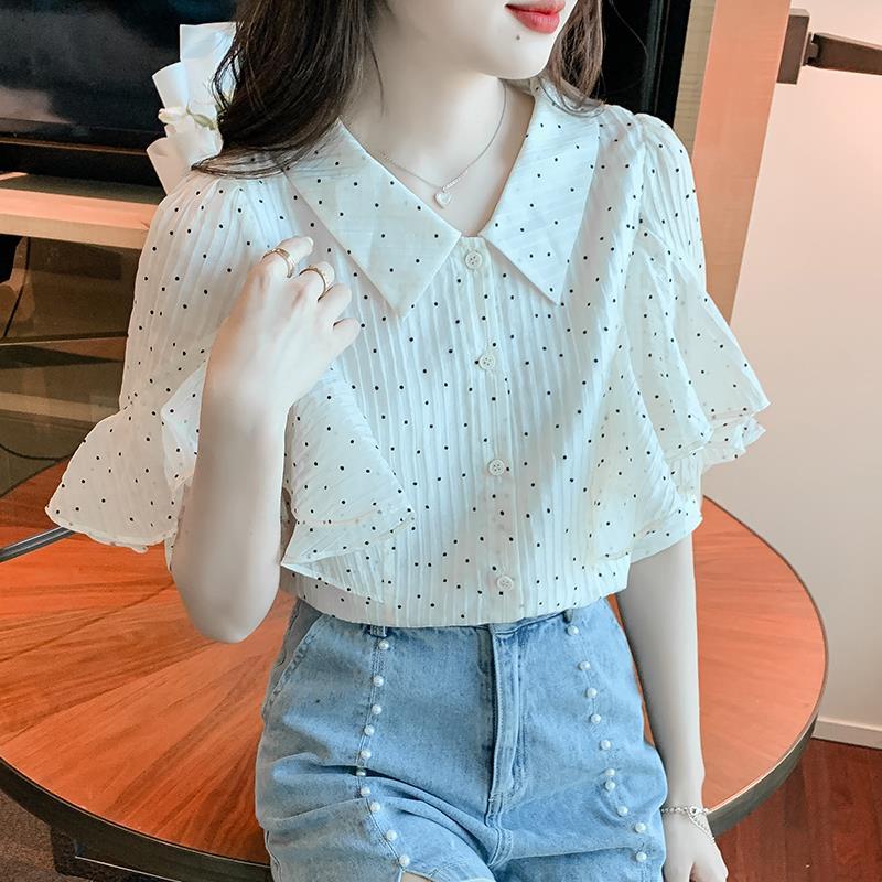 Áo Sơ Mi Chiffon Tay Ngắn Phối Bèo Họa Tiết Chấm Bi Phong Cách Phương Tây Thời Trang Mùa Hè 2022 Mới Cho Nữ
