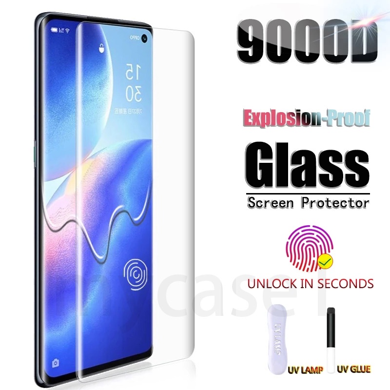 Kính cường lực keo UV bảo vệ màn hình cho OPPO Reno 10 9 8T 6 5 4 Pro Plus Pro+ Find X6 X5 X3 X2 Reno10 Reno9 Reno8 T Reno6 Reno5 Reno4 Pro 4G 5G 2023