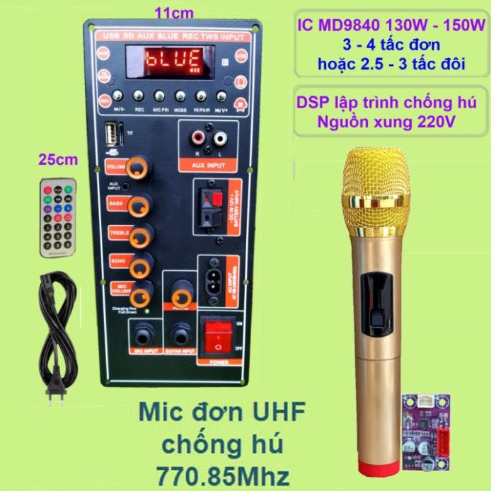 [Mã ELHACE giảm 4% đơn 300K] Mạch loa kéo IC MD9840 130W – 150W DSP lập trình chống hú, nguồn xung 220V kèm Micro