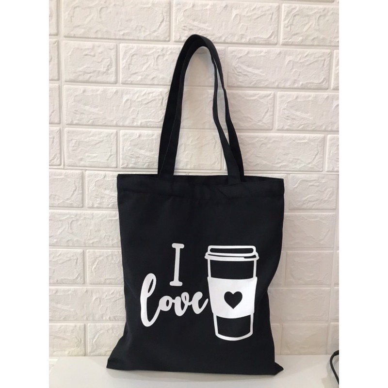 Túi xách tote vải canvas có khoá màu đen I Love