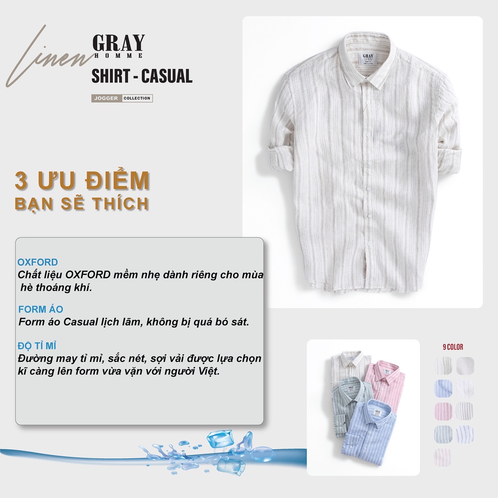 Áo Sơ Mi Nam Đũi Dài Tay GRAYHOMME Linen Kẻ Sọc Cá Tính Chất Vải Thoáng Mát Nhiều Mầu