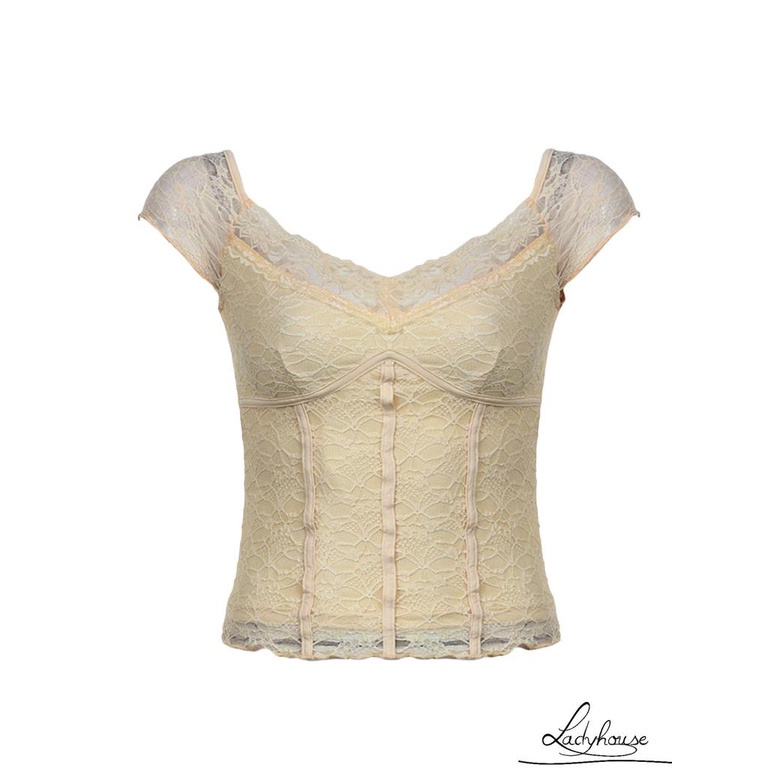 Áo thun tay ngắn cổ chữ V phối ren thời trang xuân hè cho nữ