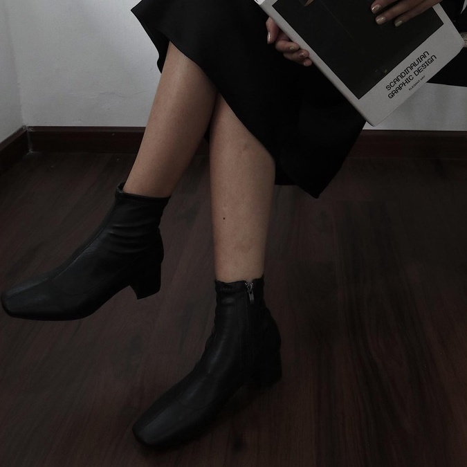 25 STUDIO Giày boots nữ cổ thấp da mềm đế vuông Leather Ankle Boots