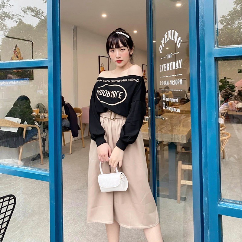 Set áo thun đen chữ bẹt vai + chân váy midi nude bèo kèm belt
