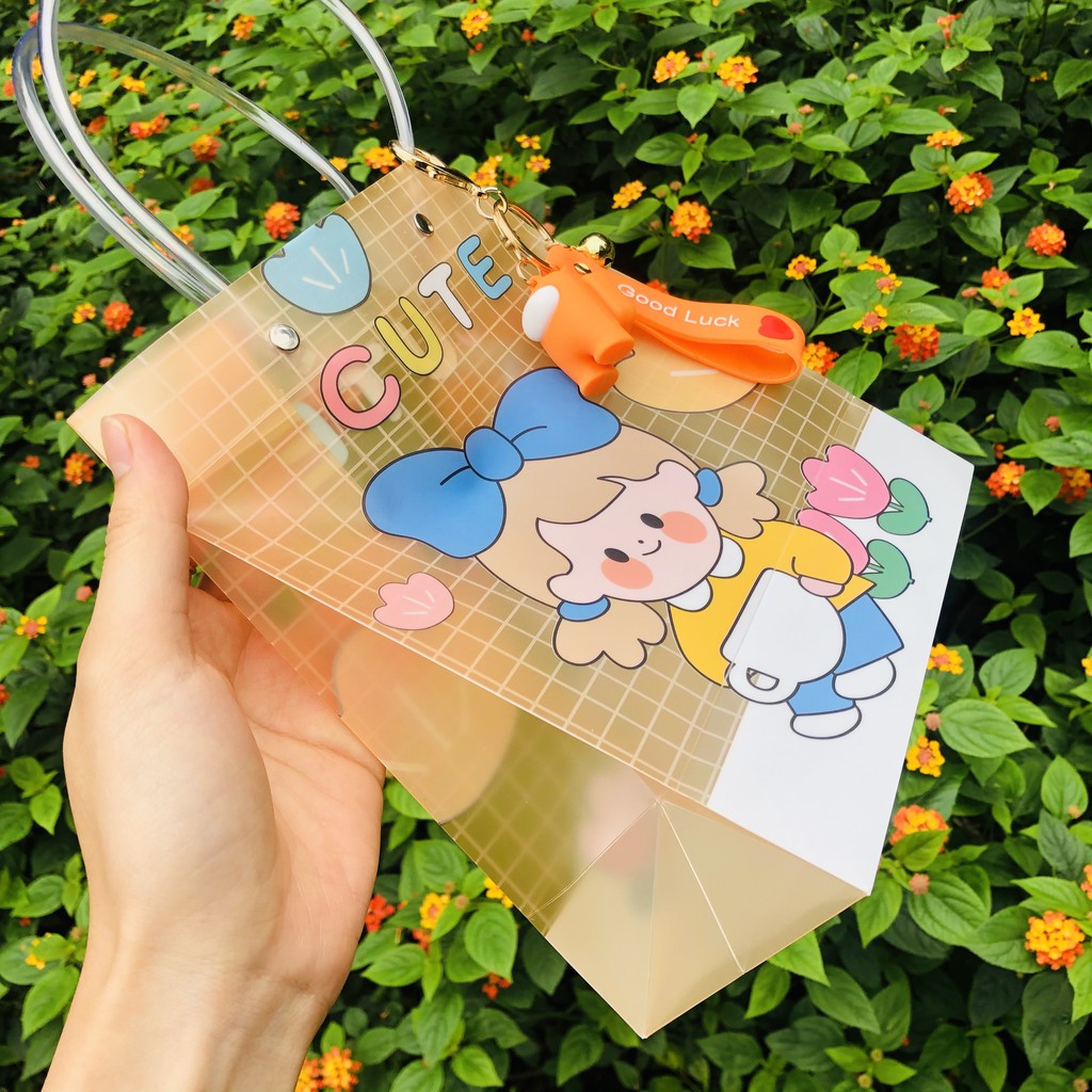 Túi plastic đã năng đựng đồ dùng, đồ trang điểm tiện lợi dễ thương màu cam handmade