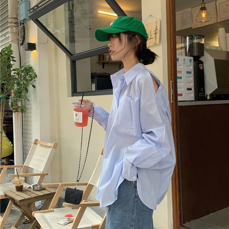 Áo sơ mi nữ tay dài trễ vai họa tiết sọc thời trang
