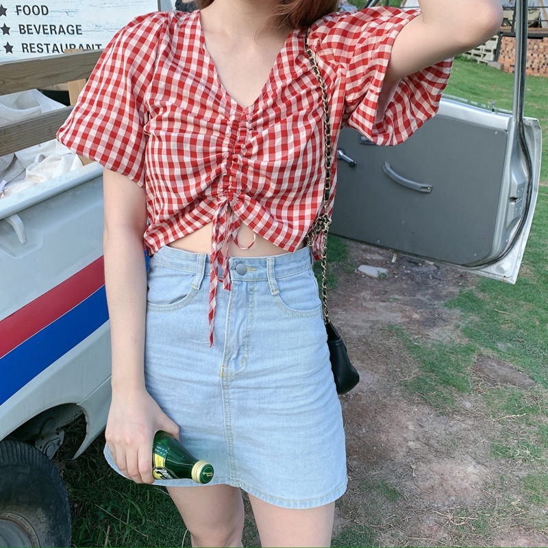 Áo croptop tay phồng kẻ sọc caro phong cách Hàn Quốc trẻ trung cho nữ | BigBuy360 - bigbuy360.vn