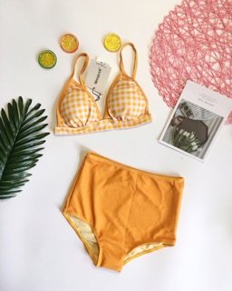 Bikini caro vàng cạp cao( kèm hình thật )