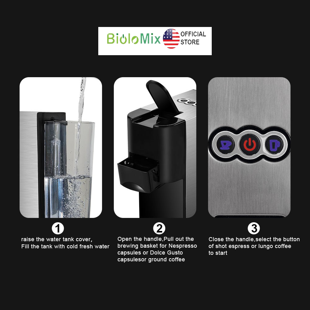 Máy pha cafe Espresso 3 trong 1 19Bar 1450W phù hợp với viên nén cafe Nespresso Dolce Gusto và Bột cafe