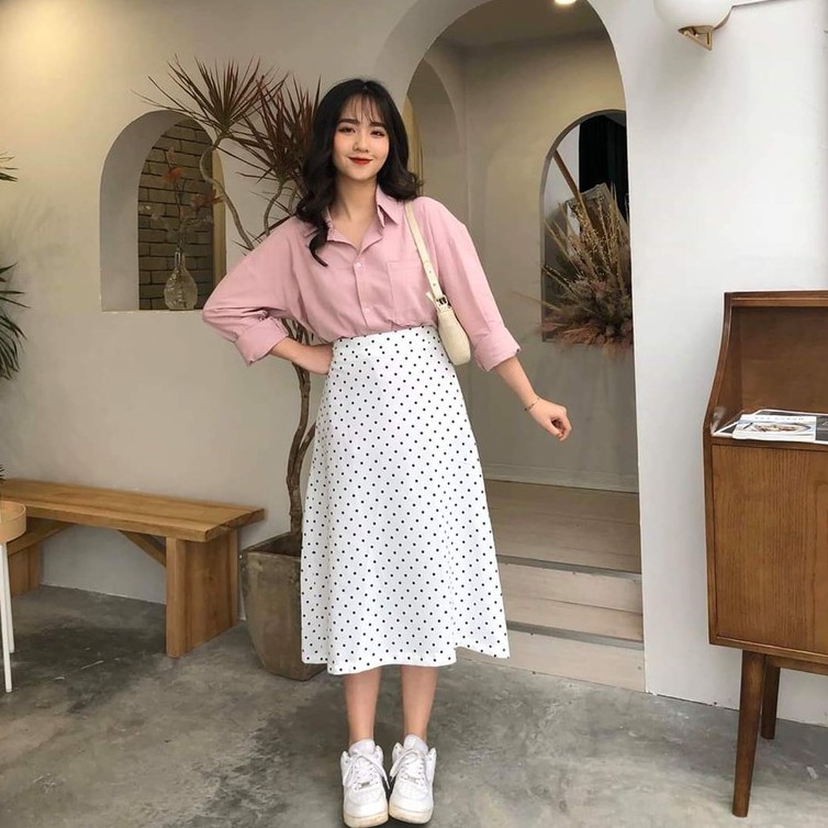 [freesize] CHÂN VÁY MIDI CHẤT LIỆU VOAN LỤA 2 MÀU ĐEN TRẮNG KIỂU DÁNG CHÂN VÁY CHẤM BI VINTAGE ULZZANG ( ảnh thật )