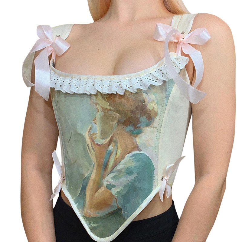 Áo Lửng Sát Nách Hở Lưng In Họa Tiết Phong Cách Cổ Điển Quyến Rũ Dành Cho Nữ