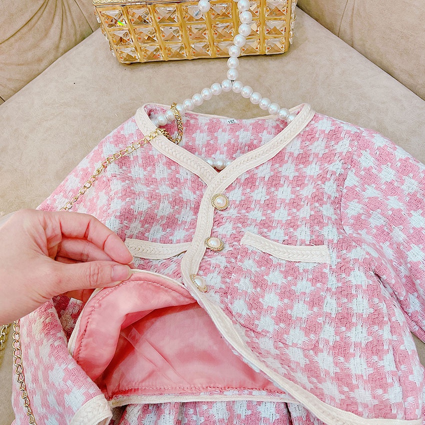 SET VÁY DẠ CADIGAN DÀI TAY HỌA TIẾT HOUNDSTOOTH KÈM TÚI ĐEO CỰC XINH CHO BÉ GÁI SIÊU ẤM ÁP SIZE 15-34KG [V28]