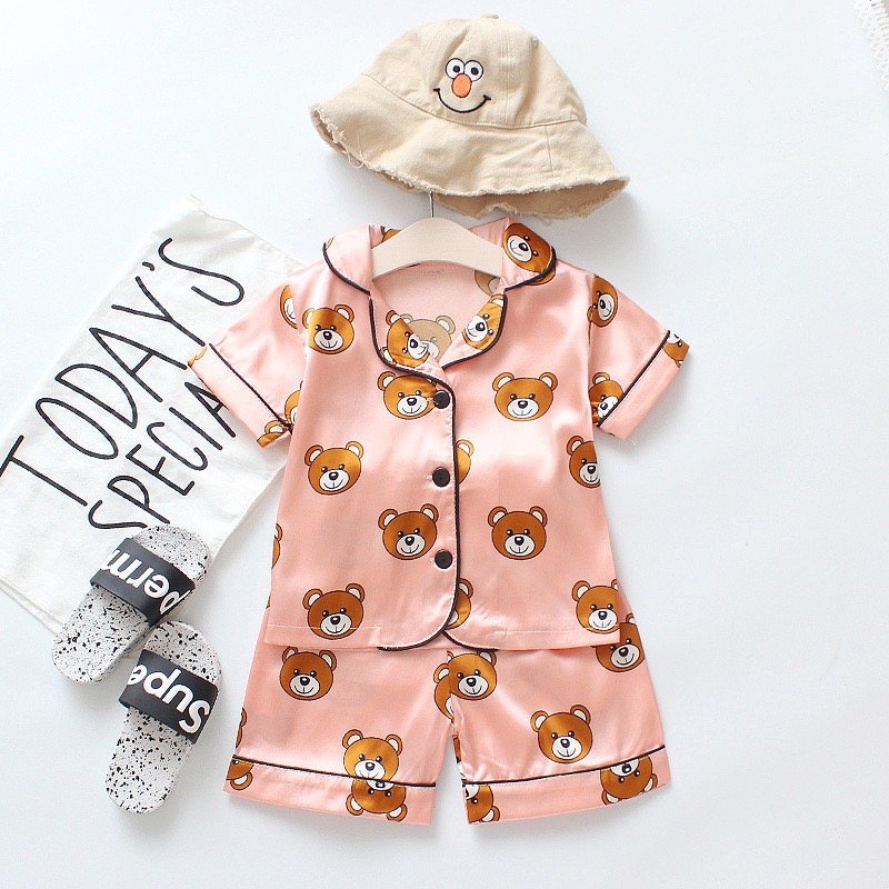 Bộ Pijama Cộc Tay Hình Gấu Chất Lụa Cho Bé Trai Và Bé Gái MINKY SUN Từ 7 - 27kg