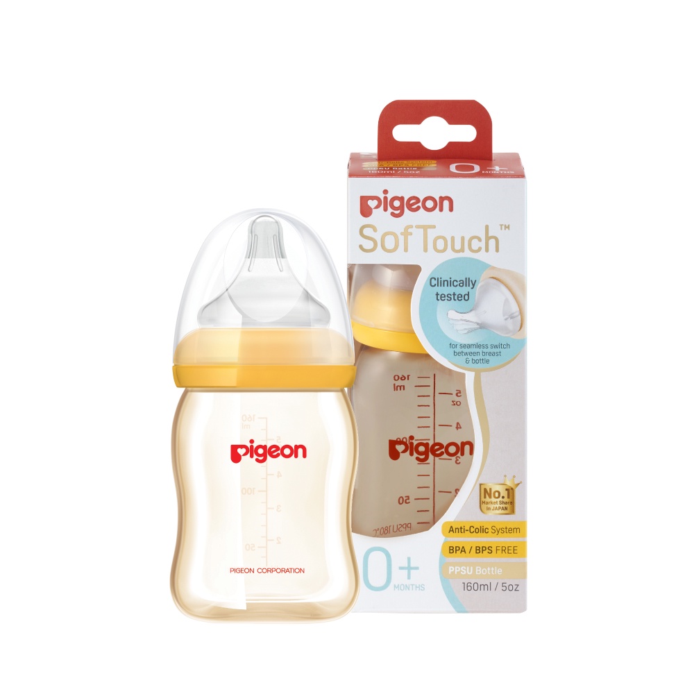 [Mã BMBAU50 giảm 7% đơn 99K] Bình sữa Pigeon 160ml / 240ml cổ rộng PPSU Plus với núm vú silicone siêu mềm Plus