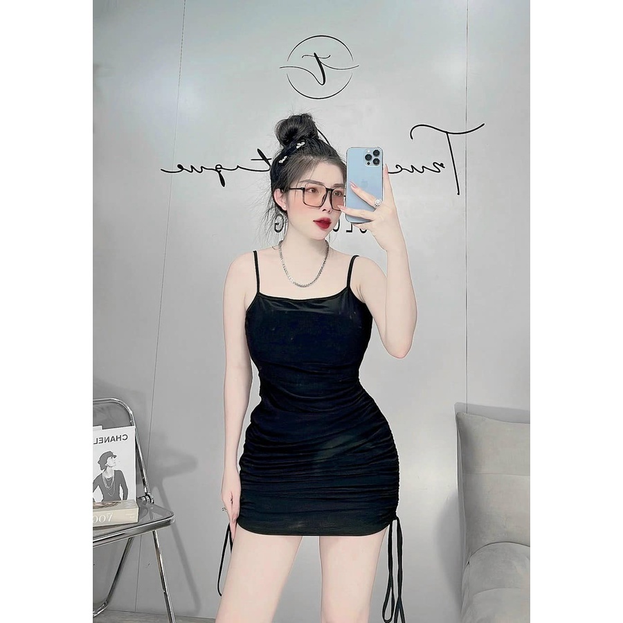 Đầm body 2 dây hở lưng rút dây có mút ngực vải thun cotton lụa dẻo cực mát mềm mịn, đầm mặc được 2 kiểu ngắn và dài