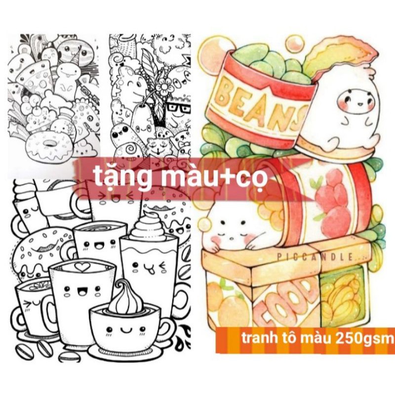 tranh tô màu nước_ maker line art chủ đề thức ăn cute khổ a5_ giấy dày  250gsm | Shopee Việt Nam