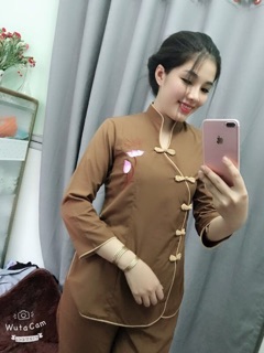 Đồ bộ đi chùa.đồ lam nữ vải kate cổ tàu xéo thêu thư pháp size 40-67kg