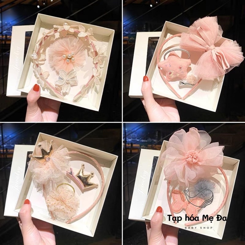 Set Băng Đô Cài Tóc Kẹp Tóc Cho Bé Gái/Bờm Tóc Cao Cấp Kiểu Dáng Sang Trọng Có Hộp Làm Quà Tặng