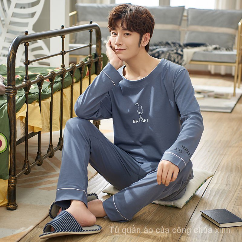 Bộ đồ ngủ tay dài chất liệu cotton mỏng nhẹ thời trang thu đông cho nam EI9w
