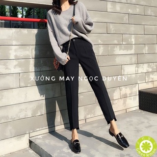 Quần tây nữ dáng baggy dài ống đứng gấu lệch cúc lệch cạp lưng cao - Vải tuyết mưa màu Đen - Mặc đi làm công sở đi học