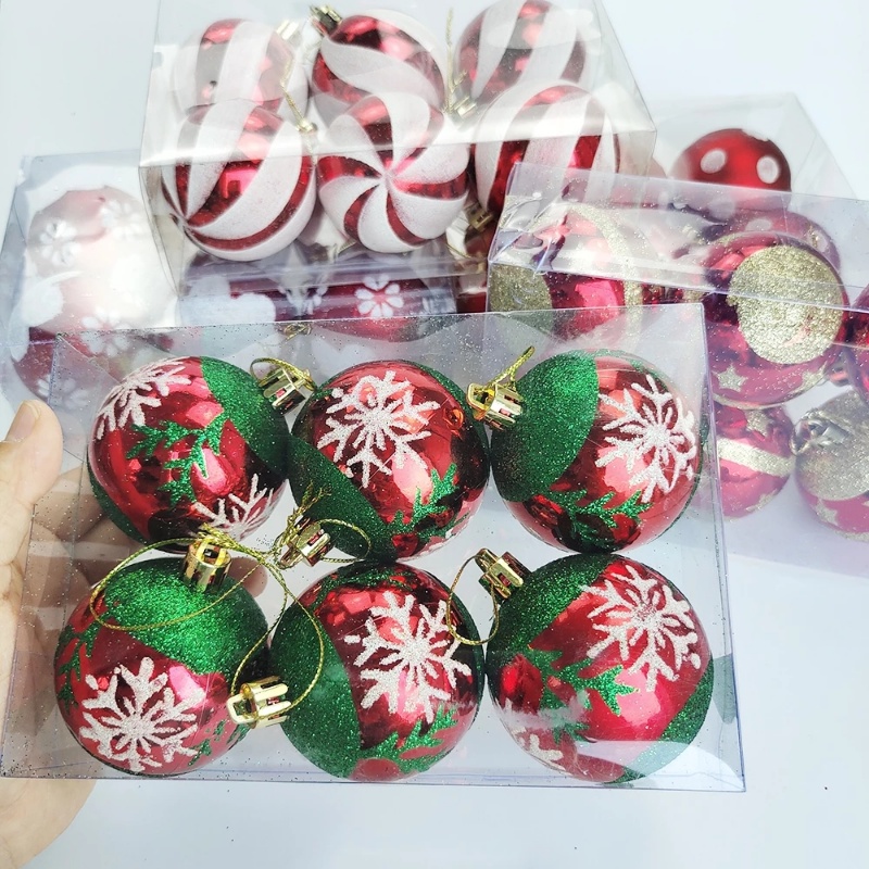 Set 6 Trái Châu 6CM Họa Tiết Chấm Bi / Bông Tuyết / Sọc Đỏ Trang Trí Cây Thông Noel