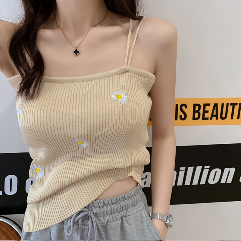 Áo hai dây ZHELIHANGFEI vải dệt kim thêu họa tiết hoa cúc xinh xắn