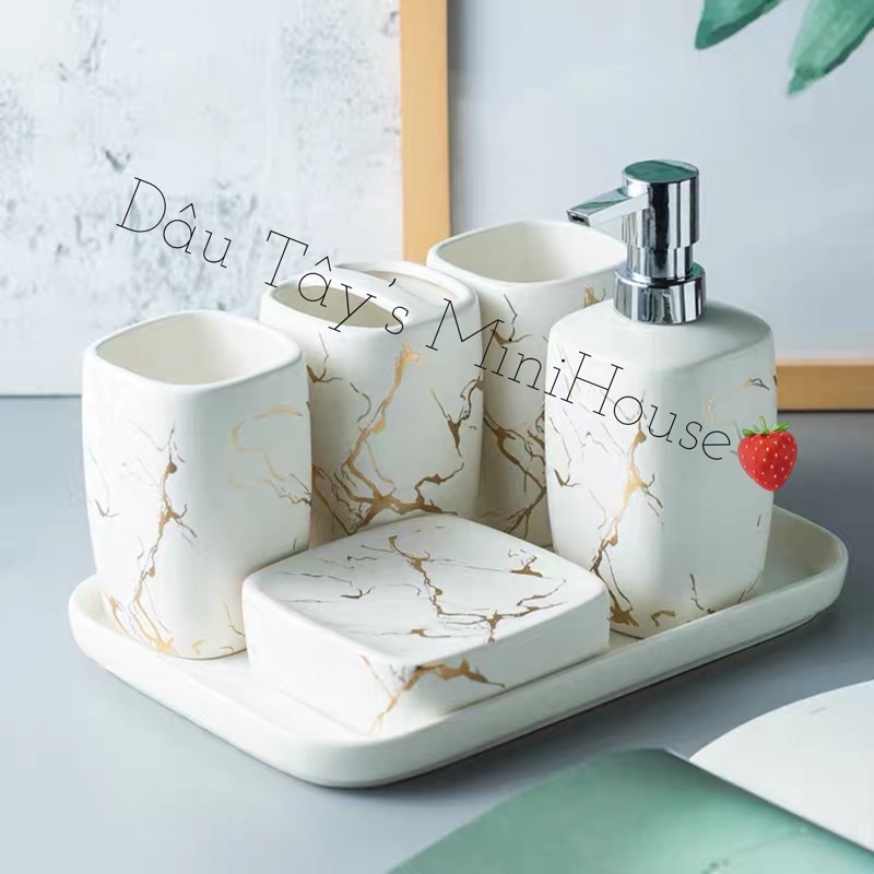 Bộ đồ dùng nhà tắm gốm sứ vân đá nhiều màu